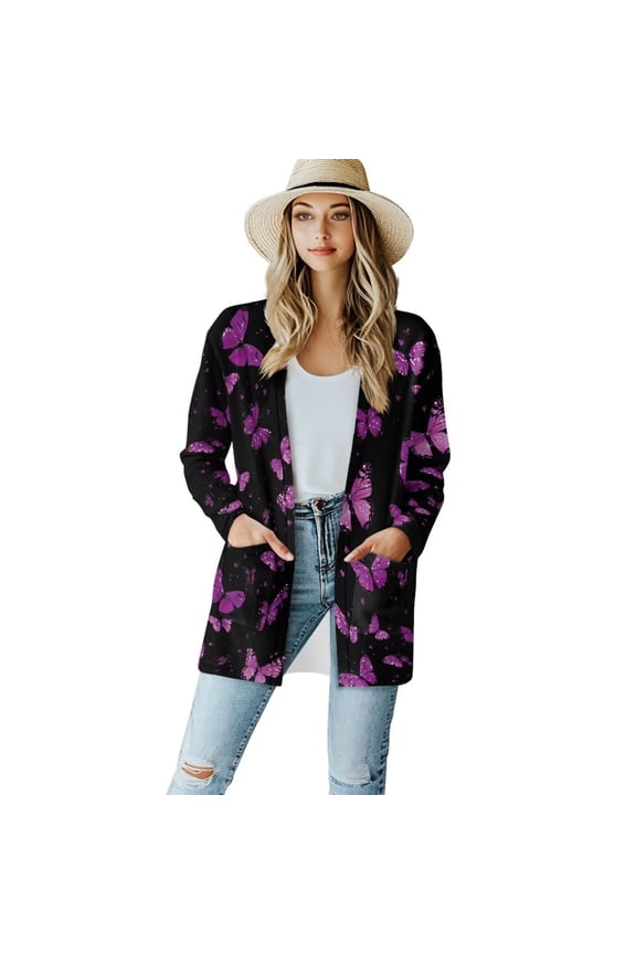 Womens Purple Butterfly Cardigan Costume Clothing for Women Girl Cardigans Sweaters Trendy Long Sleeve Fall Dusters Decent Elegant Coats(Available in Plus Size)