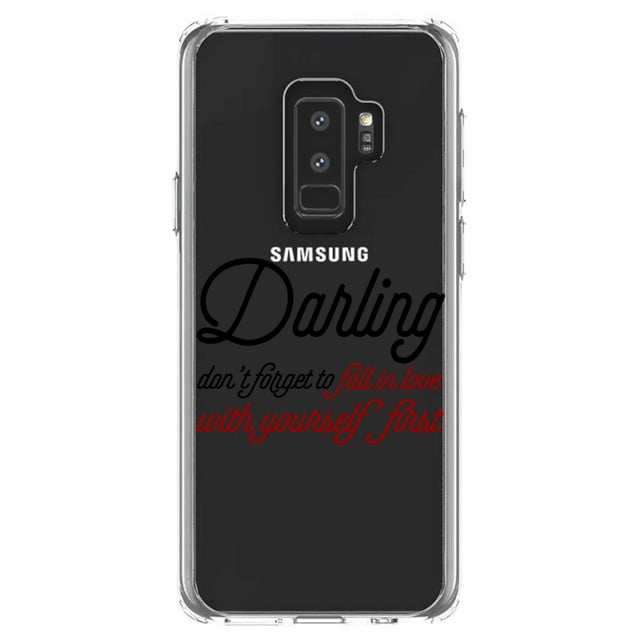 DistinctInk Clear Shockproof Hybrid Case for Samsung Galaxy S9+ PLUS (6.2" Screen) - TPU Bumper Acrylic Back Tempered Glass Screen Protector - Darling Don't Forget to Fall In Love with Yourself