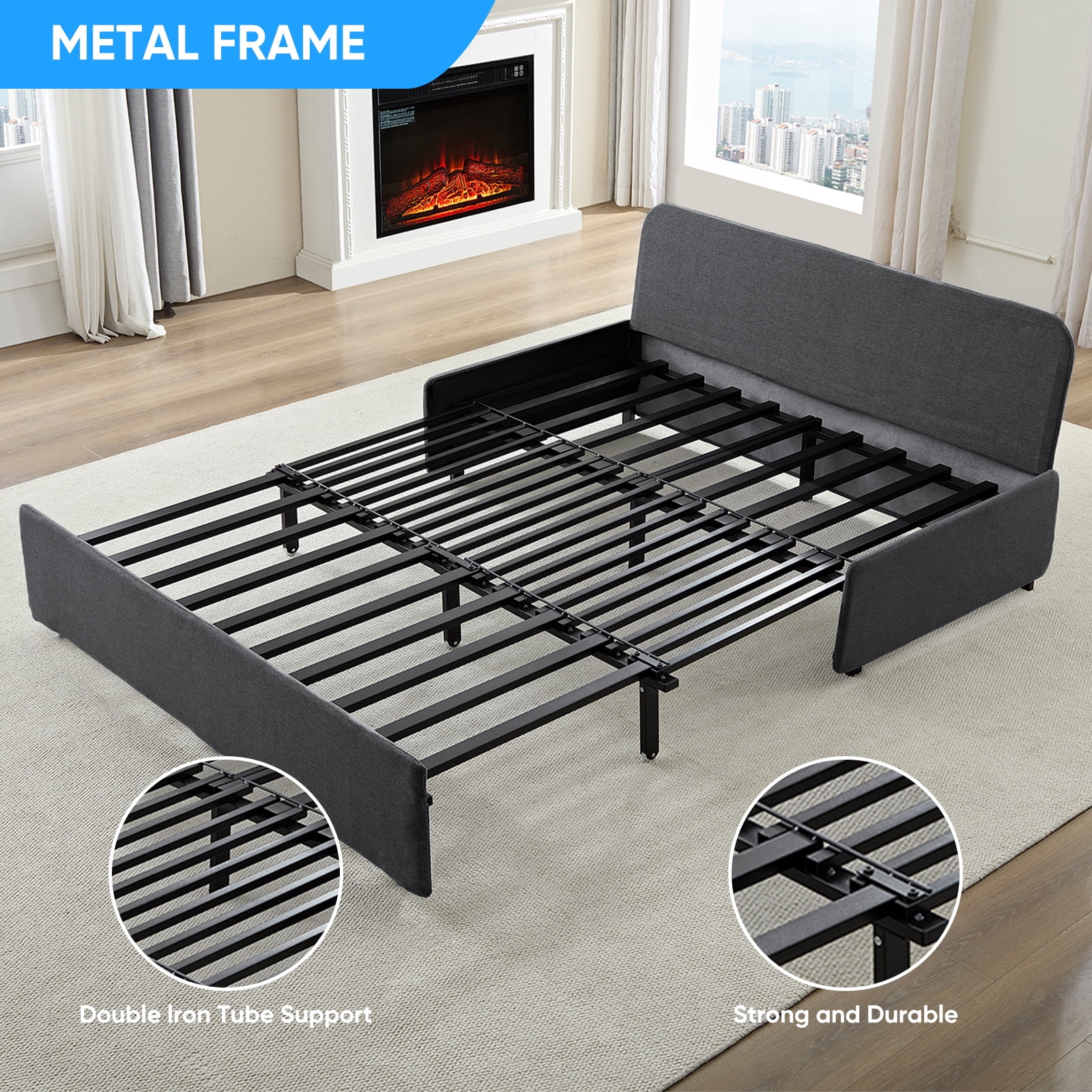 BALUS 62" Linen Queen Size Pull Out Sofa Bed, Convertible Loveseat Sleeper Sofa with 2 Pillows and Foldable Mattress, Dark Gray