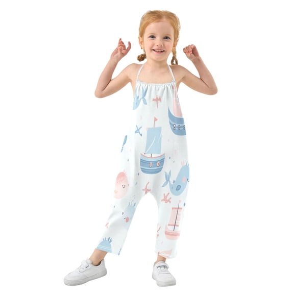 Girls' Jumpsuits Rompers Summer Casual Sleeveless Rompers With Pockets Spaghetti Strap Romper Pastel Blue Sea Animals 1T
