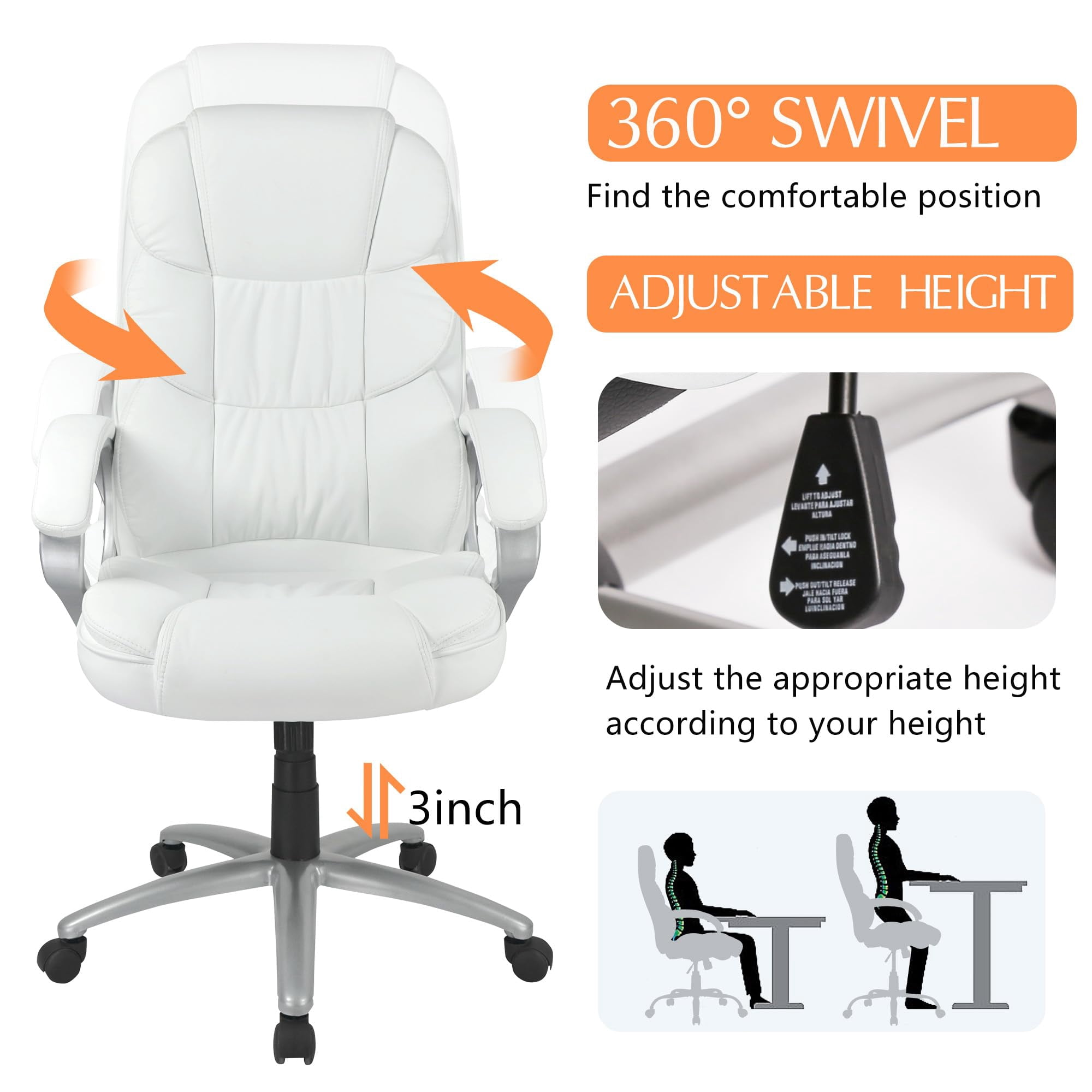 PayLessHere White Executive Office Chair - Ergonomic High Back w/Lumbar Support