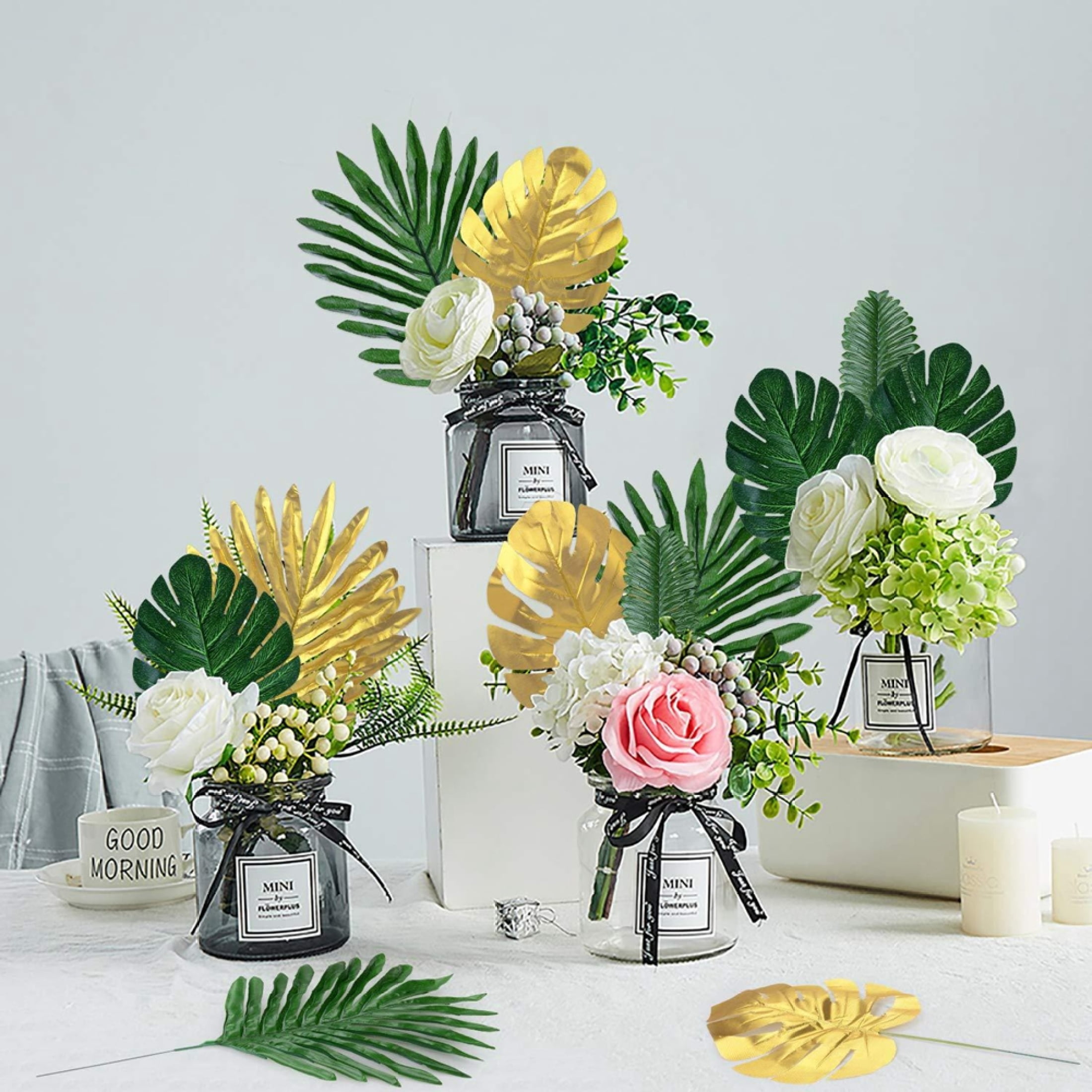 BESTOYARD 20pcs Artificial Plants Palm Leaves Plastic Gold Tropical Party  Leaves Decorations Wedding Decorations Simulated Golden Turtle Leaf