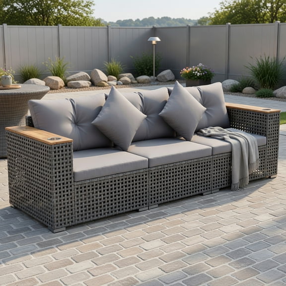 Resenkos L‑Shaped Modular Outdoor Wicker Sectional Sofa, PE Rattan Patio Conversation Furniture with Corner and Armless Units, Acacia Wood Armrests, Thick Washable Cushions for Backyard Garden, Gray