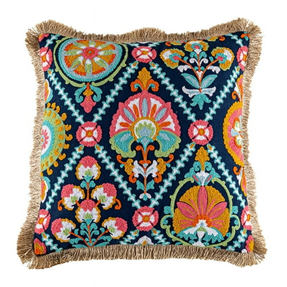 Vintage Bohemian Style Tufted Lumbar Pillow Case Embroidered Alpaca Geometric Floral Pompom Tassels Throw Cushion Cover