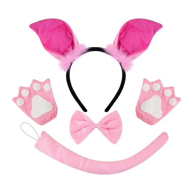 Diadema con Orejas de Cerdo, Cómoda de Llevar, Diadema con Orejas de Animales para Bailes de Máscaras Y Carnavales. El conjunto rosa incluye guantes.