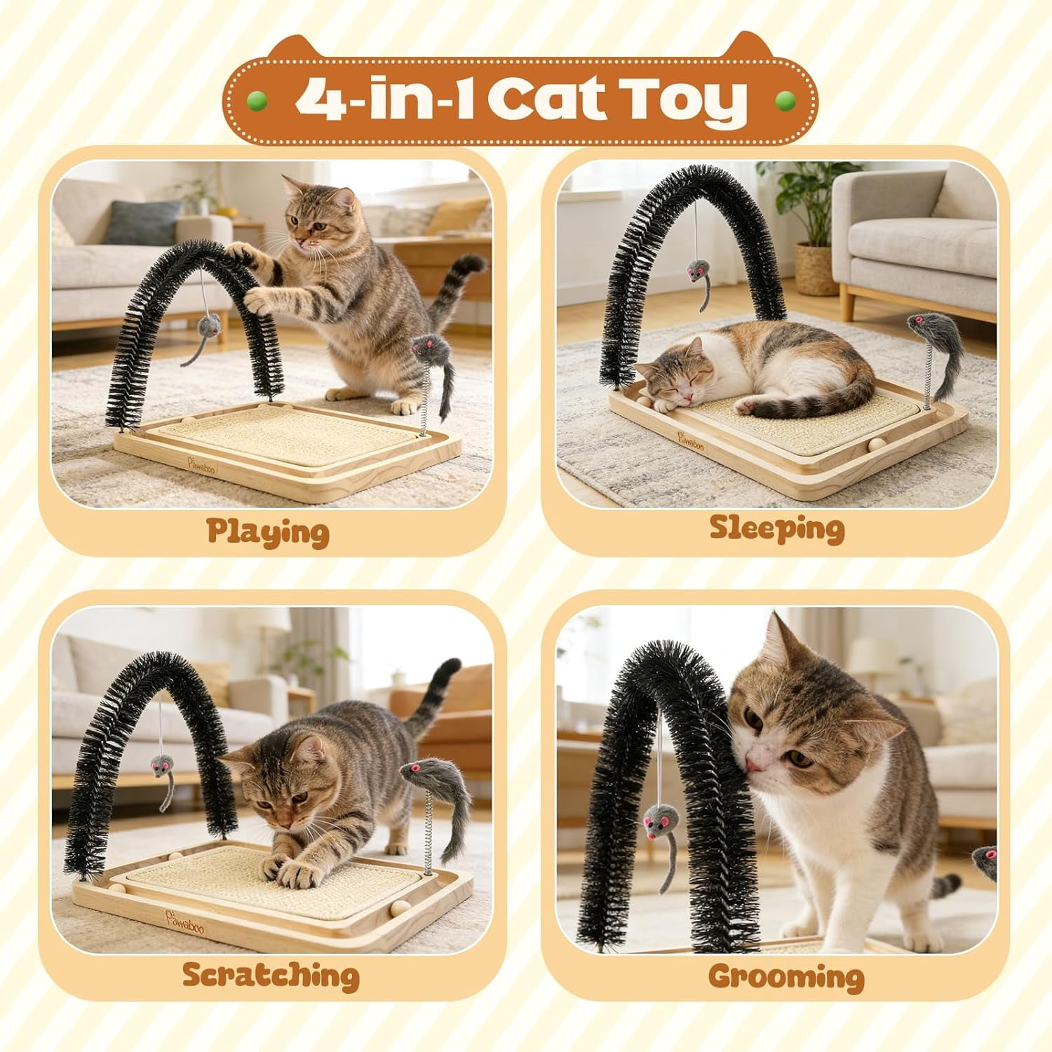 Pawaboo Sisal Cat Scratcher Toy, 16.93"×12.99"×12.20" Cat Scratcher Toy with Ball Track, Wooden Interactive Toys for Indoor Cats Scratch Pad, Cats Chasing Hunting Physical Exercise Toys