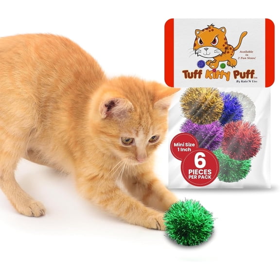 Tuff Kitty Puff Pack of 6 Mini 1 Inch Sparkle Tinsel Balls for Cats – Assorted Colors