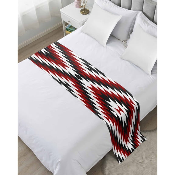 Bed Runner for Twin Size, Red Aztec Decorative Scarf Throws for Foot of Bed, Black White Southwest Vintage Abstract Geometric Luxury Bedding Protector Slipcover Bedrunners for Hotel, 71 x 20 Inch