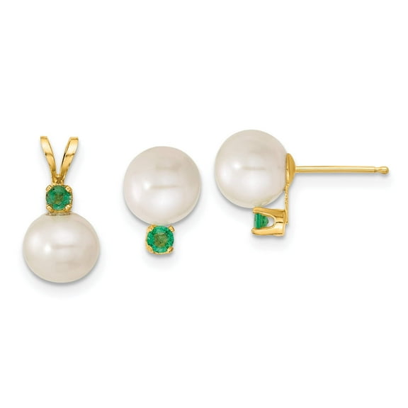 14k 7-8mm White Round Freshwater Cultured Pearl and .21EM Emerald Post Earrings and Pendant Set XF303SET