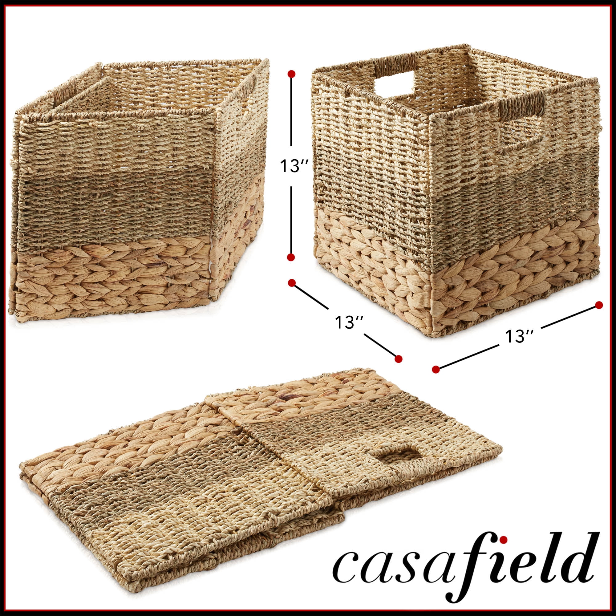 Casafield 13" x 13" Mixed Weave Storage Baskets, Natural - Set of 2 Collapsible Cubes, Woven Bin Organizers for Bathroom, Bedroom, Laundry