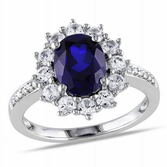 AMOUR Halo Diamond and 4 CT TGW Created Blue and White Sapphire Ring In Sterling Silver