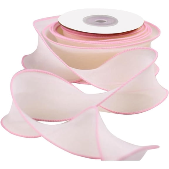 2 Inch Pink Sheer Wired Ribbon Organza Chiffon Ribbon Pastel Candy Color Transparent Silk Ribbons Bulk with Spool for Gift Wrapping Craft Christmas Wedding Invitations Decor Supplies Beige