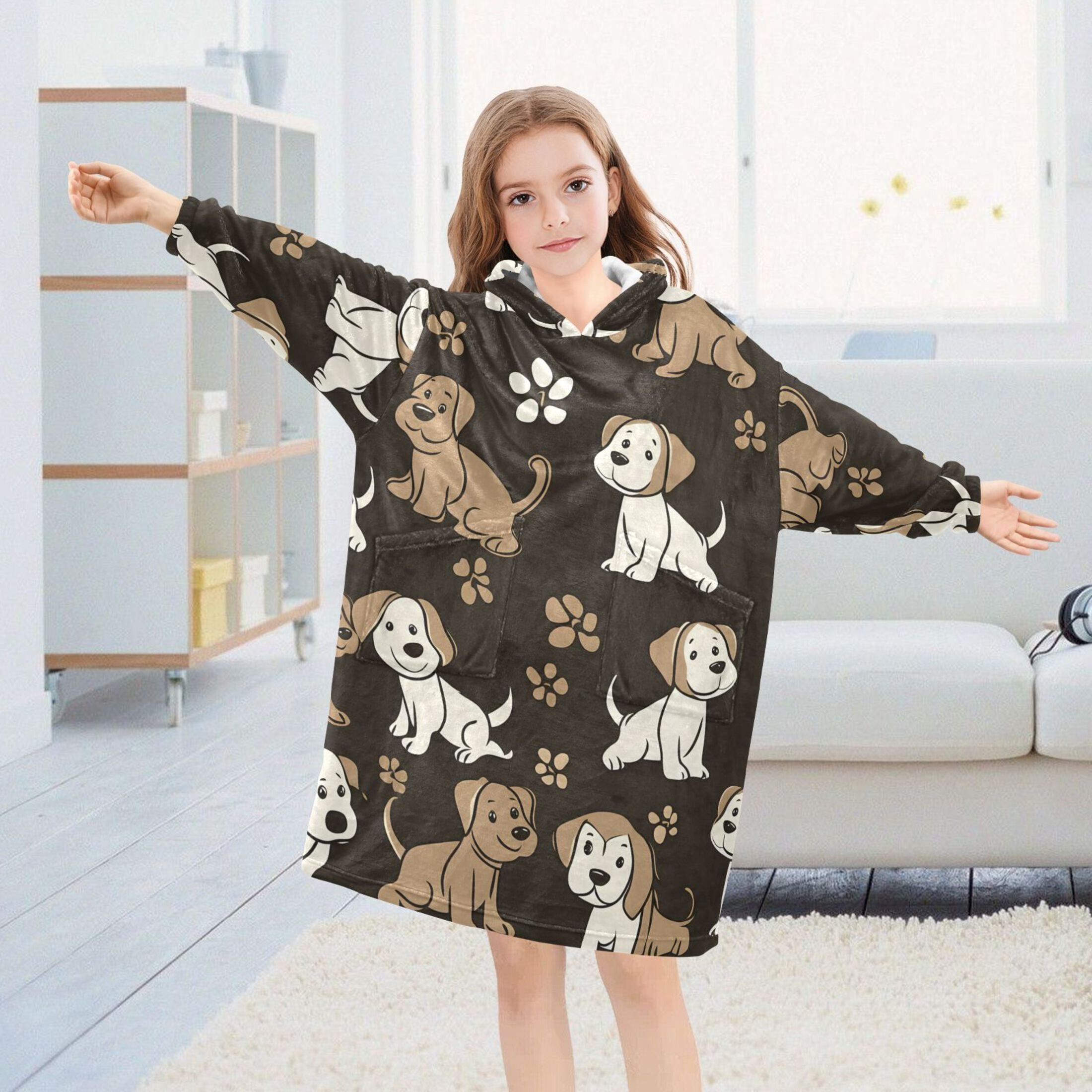 joogoo Wearable Blanket Hoodie for Kids Dogs Cute Footprint Flannel Oversized Sweatshirt 3-14 Years S