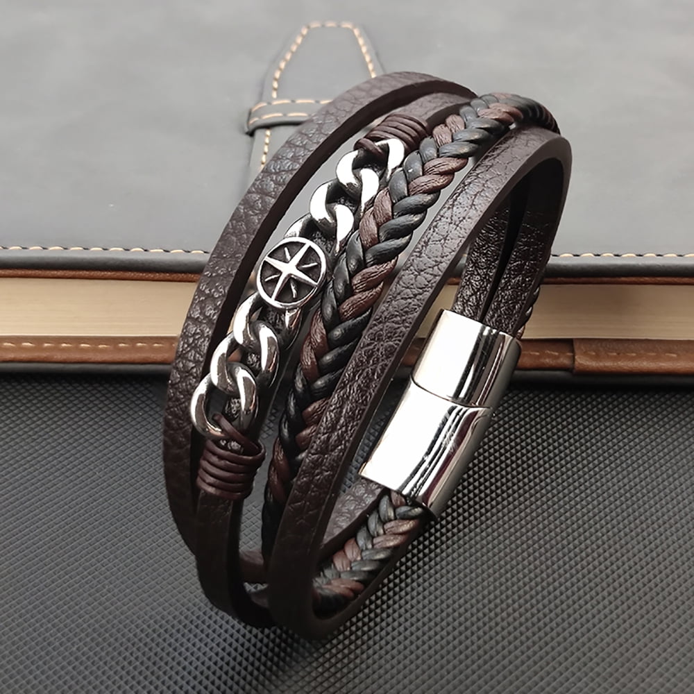 YIFSIY Brown Mutil-layer Braided Leather Bracelet with Six Pointed Star Stainless Steel Cuff Bracelet for Men Women