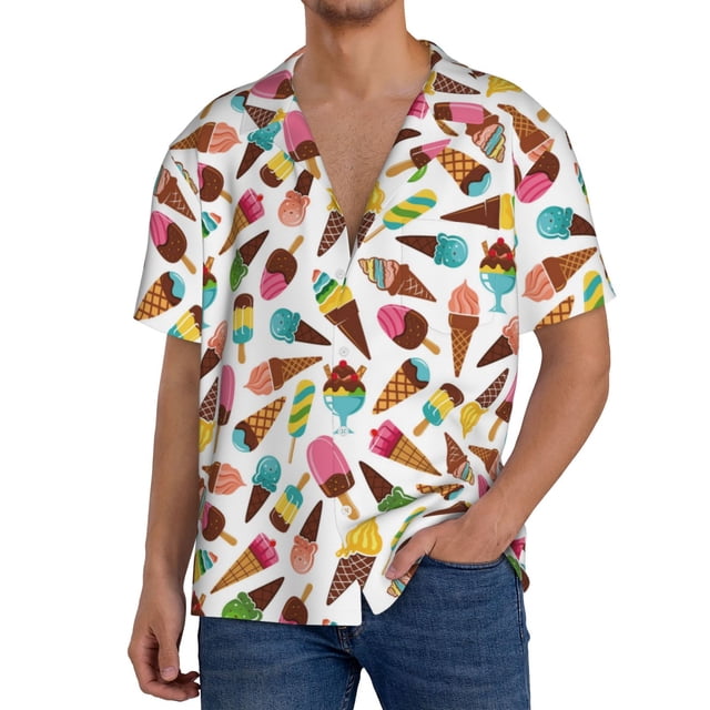 Fotbe Ice Cream Popsicles Camisa Estampada de Manga Corta para Hombre, Casual de Verano, Estilo Playero, Sin Arrugas-3X-Large