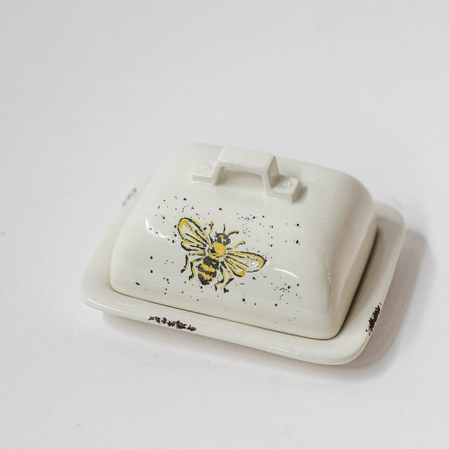 Set of 6 Ceramic Speckled With Bees And Sunflowers Butter Dish
