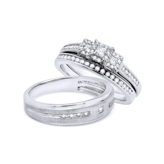 AFFY White Natural Diamond Halo Wedding Trio Ring Set In 14k White Gold (0.63 Cttw)