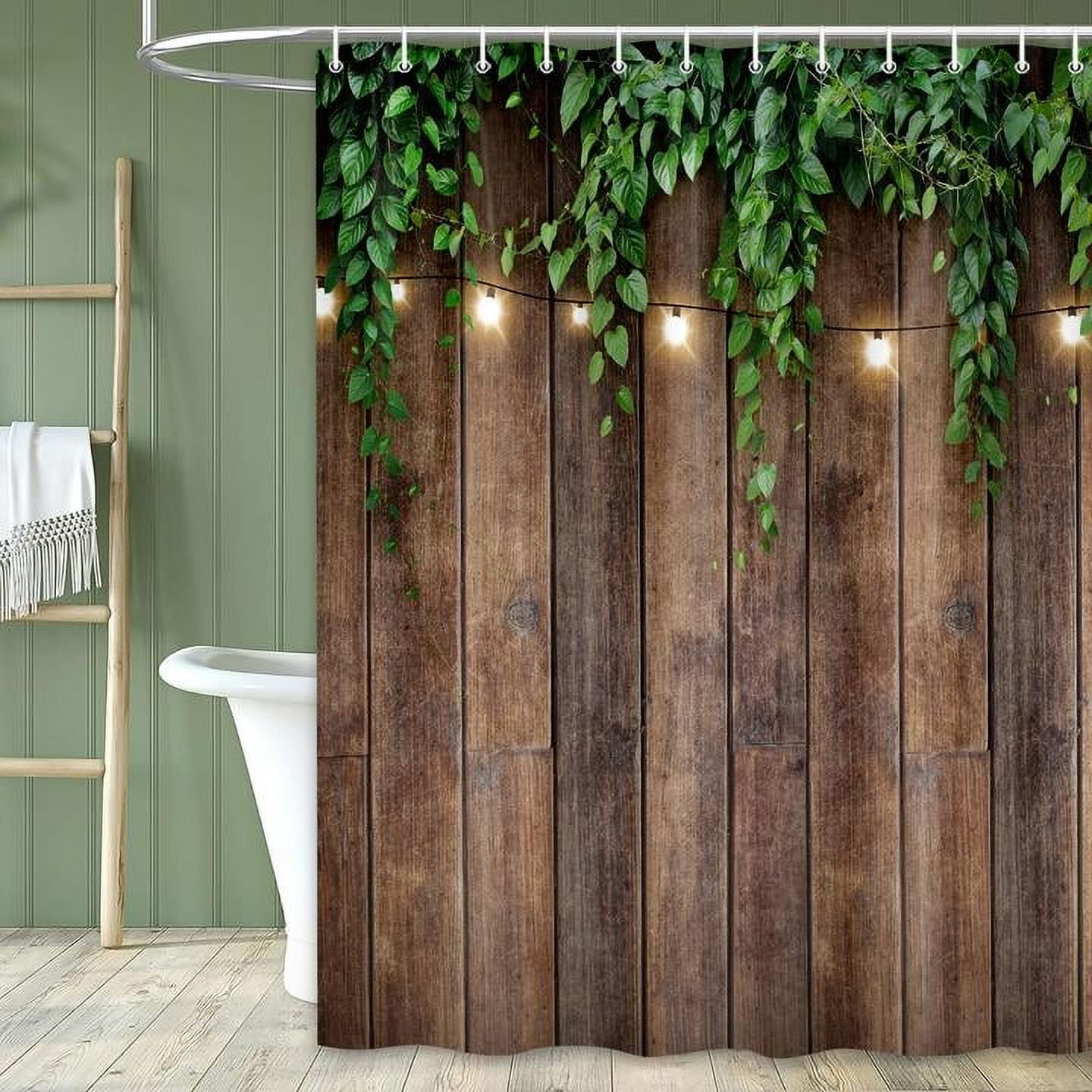 Rustic Outdoor Wall Shower Curtain, Brown Camo Shower Curtain Set for Bathroom, Vintage Wooden Bran Door Green Leaves Fabric Shower Curtain Restroom Bathtub Decor Accessories with Hooks 72X 75 inch