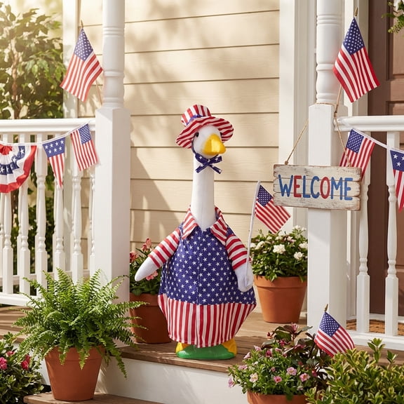 4th Of July Porch Goose Outfit For 17 Inch Lawn Goose Statue - Patriotic Costume Clothes With Hat And Bow Tie For Outdoor Patio Yard Garden Independence Day Decor