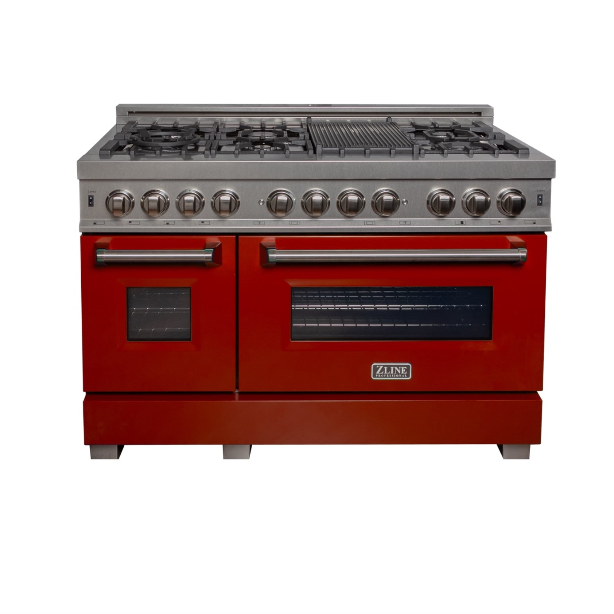 ZLINE 48 in. Professional Dual Fuel Range in DuraSnow Stainless Steel with Red Gloss Door (RAS-RG-48)