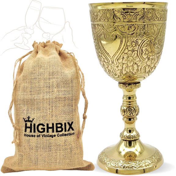 HIGHBIX Royal Wine Goblet Solid Brass Handmade Premium Wine Cup Medieval Decor Gothic Chalice Ancient Elegant Wine Goblet (Gold)