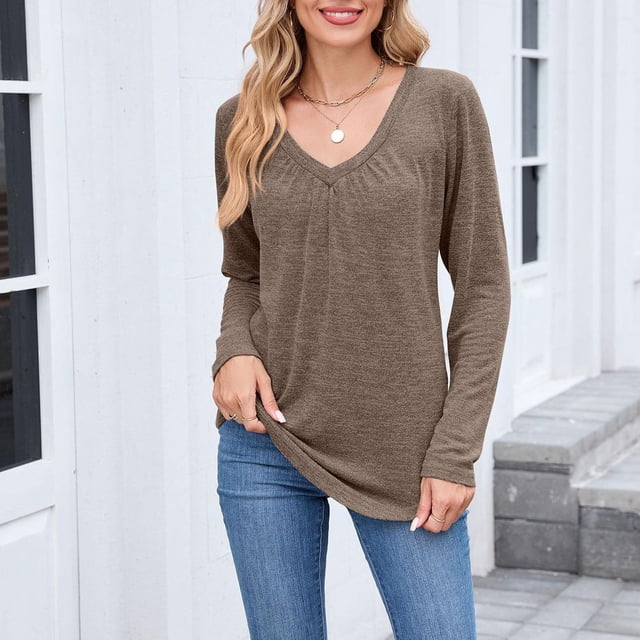 Ailaofu Women Tops Long Sleeve Shirts V Neck Loose Fit Soft Casual Solid Color T-Shirts Fall Clothing