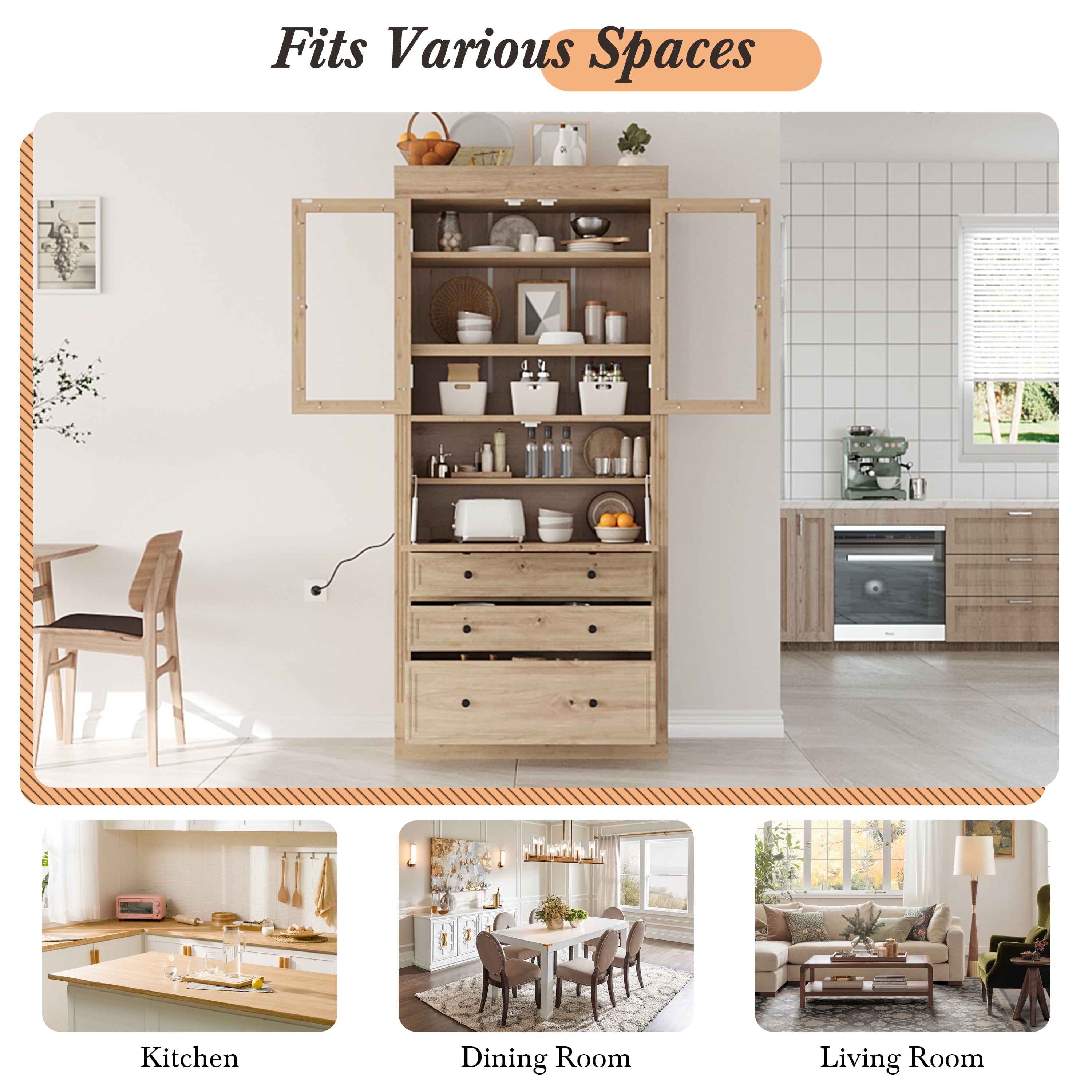 Harper & Bright Designs Tall Kitchen Pantry Cabinet with Power Outlets, Freestanding Cupboard with 3 Drawers and Adjustable Shelves for Dining Room, Natural