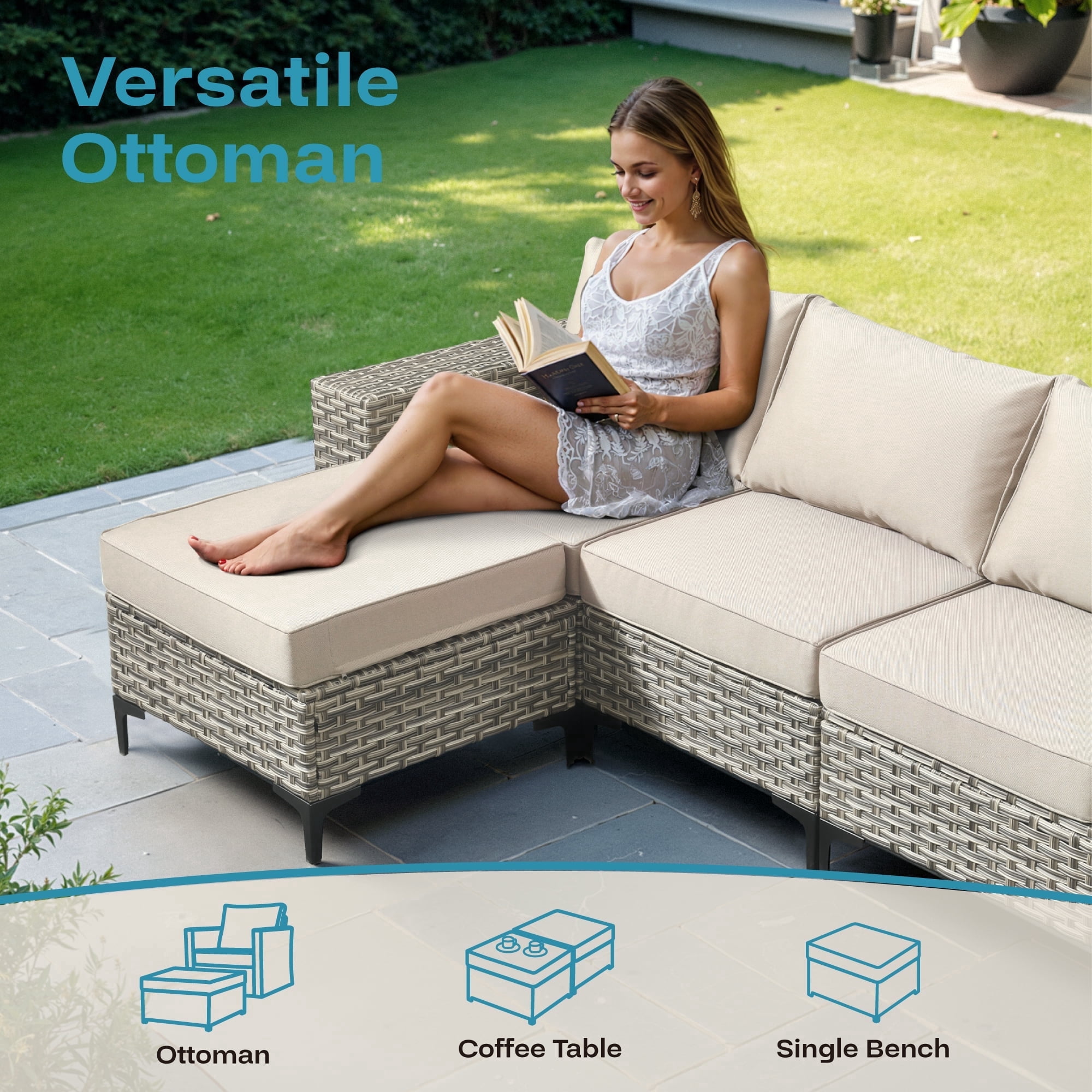 Ovios 9 Pieces Wicker Patio Furniture Sets Outdoor Conversation Sectional Sofa with Swivel Chairs & Fire Pit
