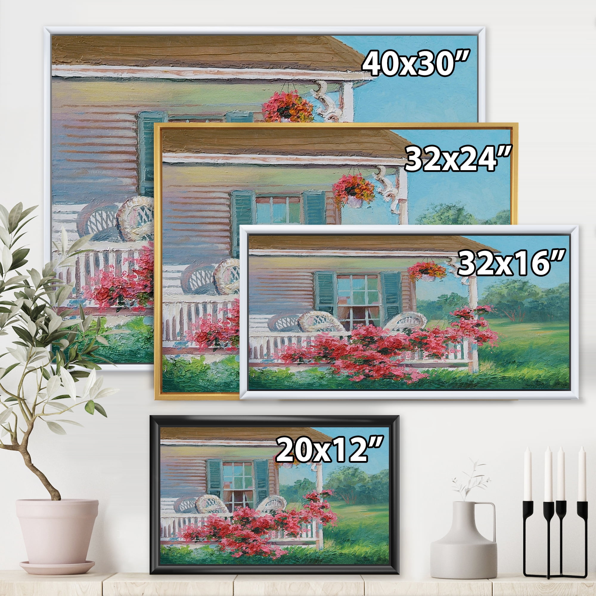 Patio & Blossiming Red Flowers With Wooden House 32 in x 16 in Framed Painting Canvas Art Print, by Designart