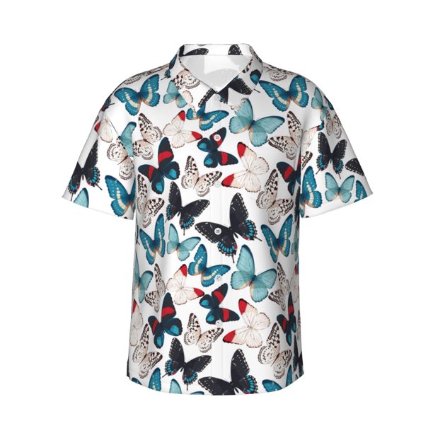 Fotbe Butterfly Camisa Hawaiana para Hombre Unisex – Camisa Casual de Verano con Botones de Manga Corta de Algodón y Lino,Medium