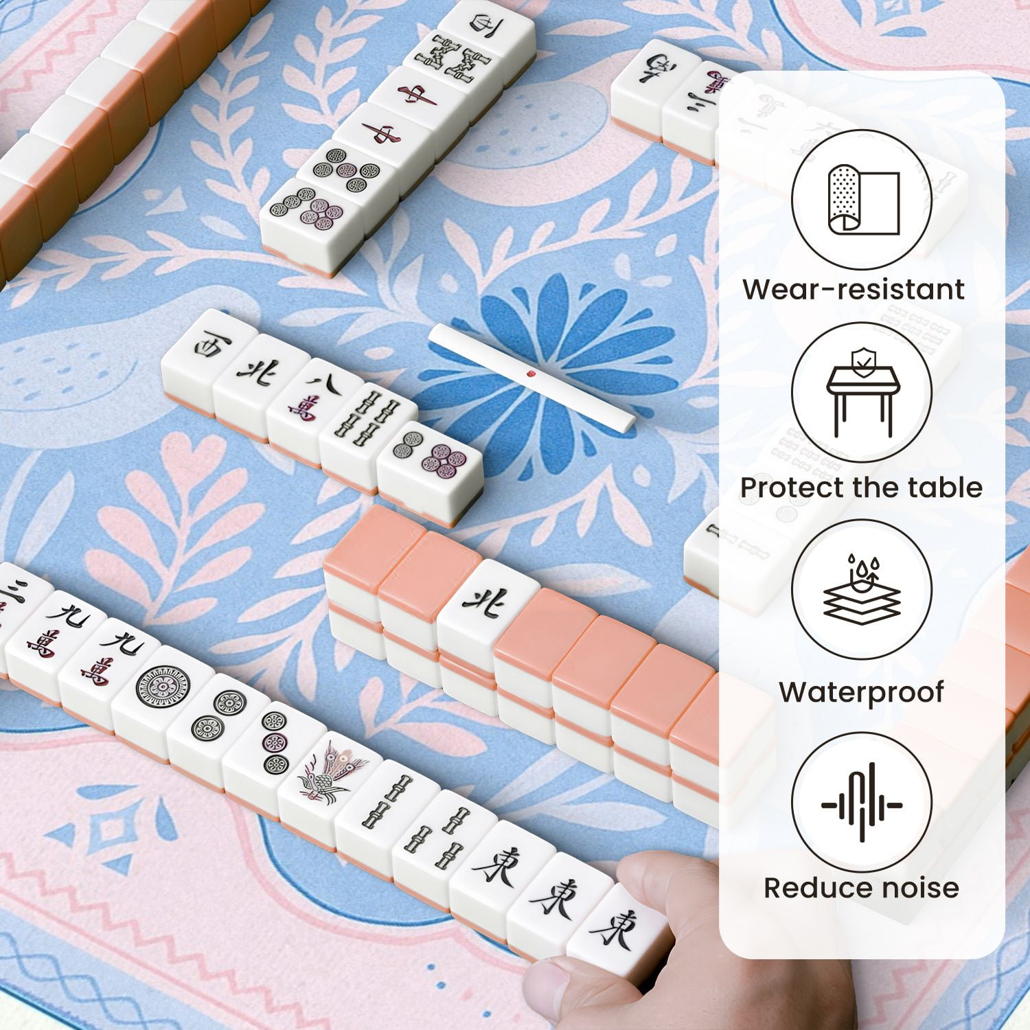 Mahjong Mat 31.5" x 31.5" Pastel Floral Birds Pink Blue Tones Anti-Slip and Noise Reduction Symmetry Design Mahjong Tiles Table Cover for Dominoes Poker Card Board and Tile Games