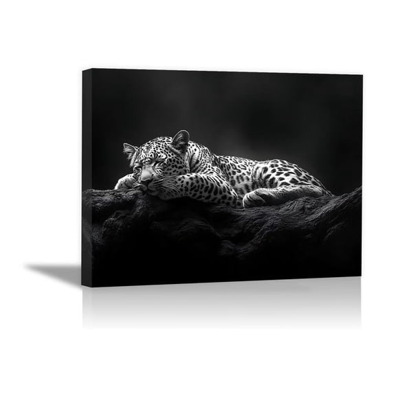 Mudket Black White Sleeping Leopard on Rock Canvas Wall Art, Moody Monochrome Wildlife Paintings for Bedroom Print for Office Living Room Home Decor , Framed Ready to Hang - 12"L x 8"W