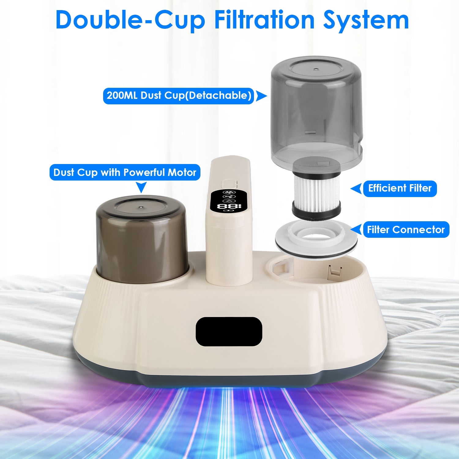 72000 Times/Min Tapping Mattress Vacuum Cleaner with UV-C Sanitizing Light, 9000PA & 15000PA Dual Suction Cordless Dust Mite Remover with Double Dust Cup