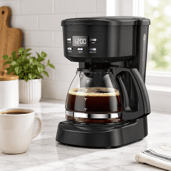 Black 5 Cup Drip Coffee Maker with Glass Carafe and Water Reservoir
