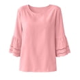 thumbnail image 7 of hoksml Women's Cotton Linen Round Neck 3/4 Bell Sleeve Blouse with Eyelet Trim, Loose Fit Casual Summer Daily Wear Top, 7 of 7