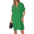 thumbnail image 2 of Robes de Soirée Grande Taille Femmes Dames Mode Col en V Manches Courtes Couleur Unie Robe Ample Grande Taille Robe d'Été Verte TG, 2 of 5