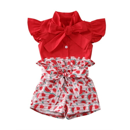 

Inevnen Baby Girl Summer Shorts Set Ruffle Sleeve Bowknot Top Watermelon Print Shorts