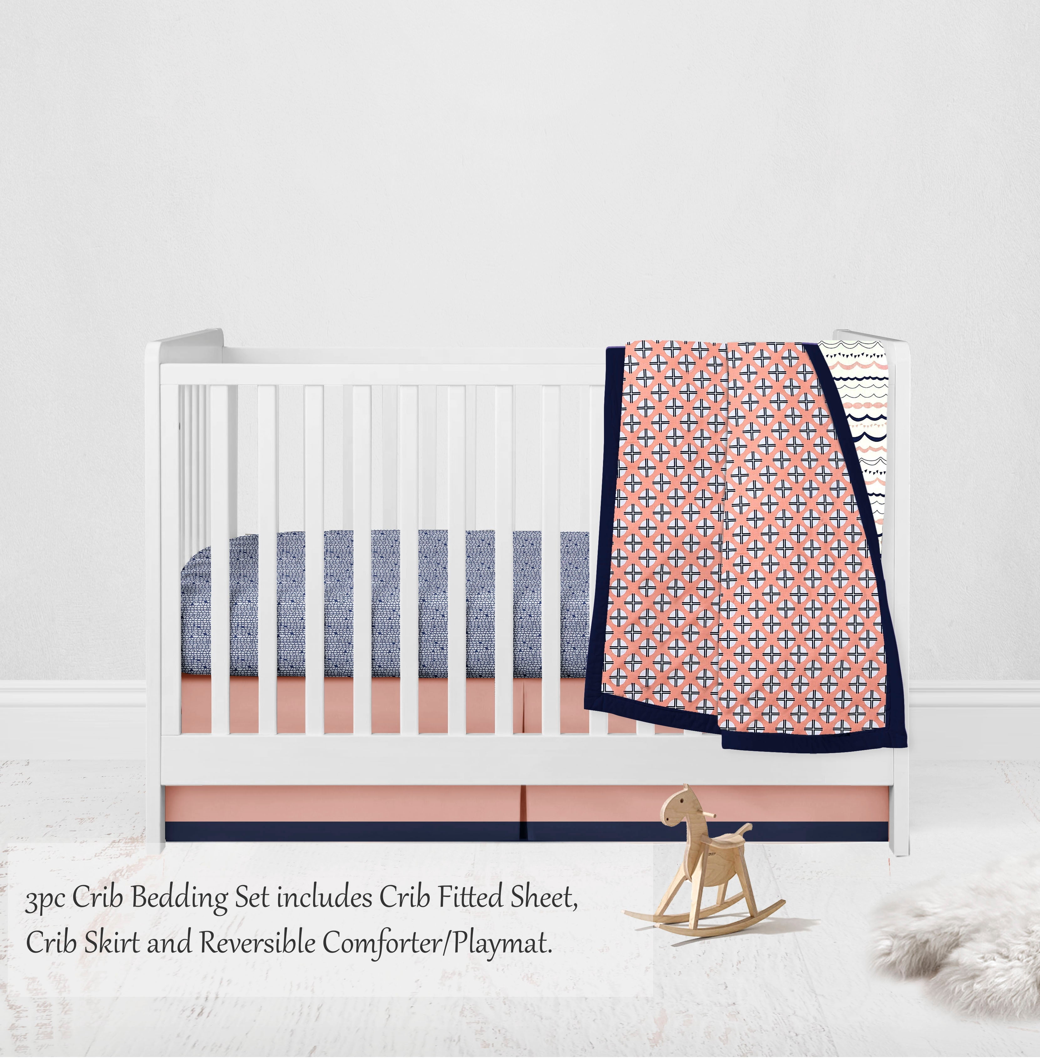 Bacati - Tribal Olivia 3-Piece Crib Bedding Set - Coral/Navy Girls