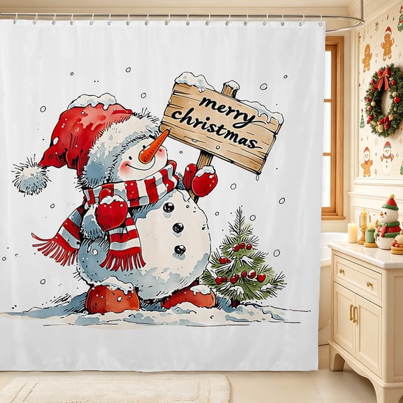Erosebridal Cartoon Snowman Shower Curtain 72Wx72L,Merry Christmas Bathroom Curtain,White Red