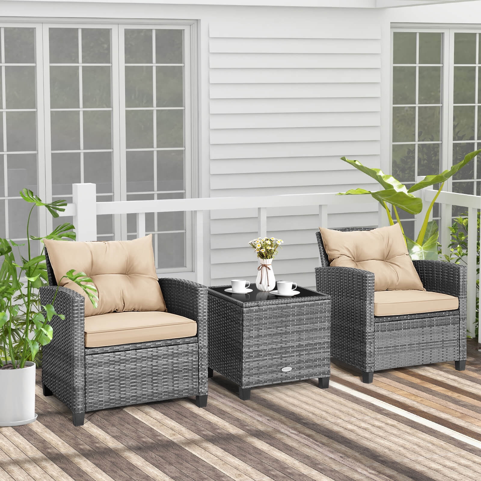 Costway 3PCS Patio Rattan Furniture Bistro Set Cushioned Sofas Side Table Armrest Mix Gray + Brown