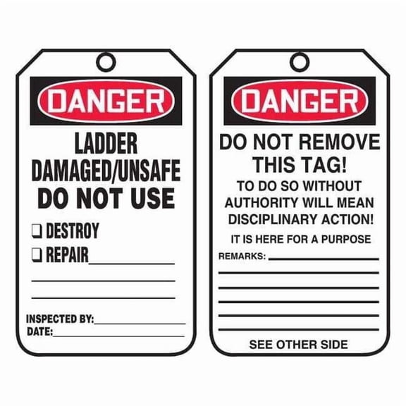 Tag, Danger, Plastic, 5 3/4 in H x 3 1/4 in W, White, Rectangle, 25 PK