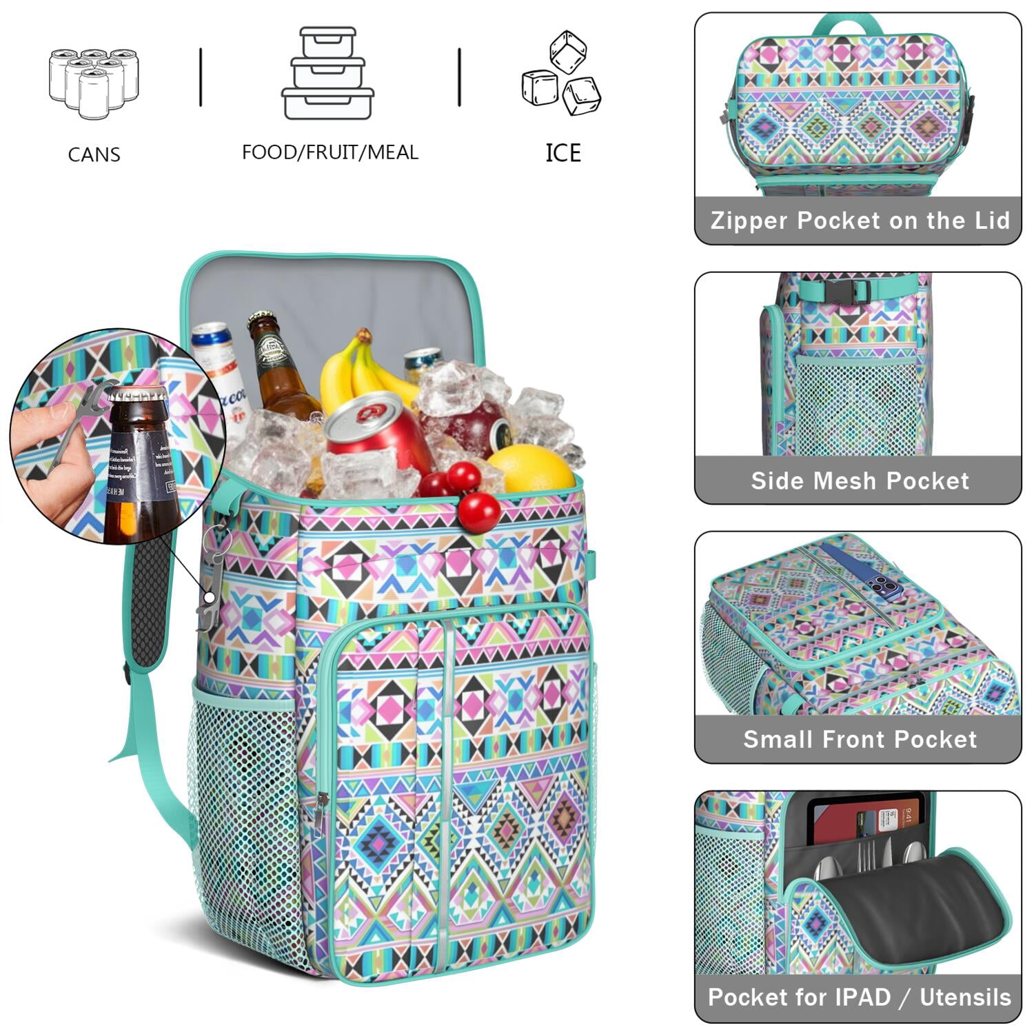 Travel Cooler Bag - Boho Bohemia Pioneer Flower Geometric Line Art Camping Beer Cooler Backpack with Bottle Opener- Waterproof Insulated Picnic Backpacks - Cooler Bag for Beach