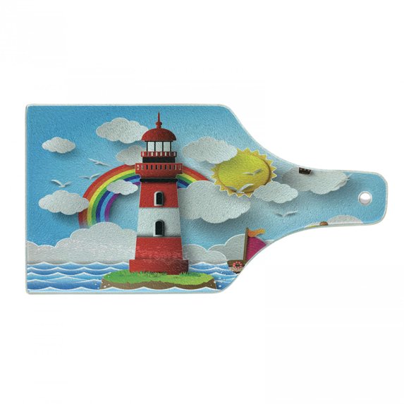 Lighthouse Cutting Board, Coast with Sailboats Sun Rainbow Hot Air Balloon Clouds Playroom Cartoon, Decorative Tempered Glass Cutting and Serving Board, Wine Bottle Shape, Multicolor, by Ambesonne