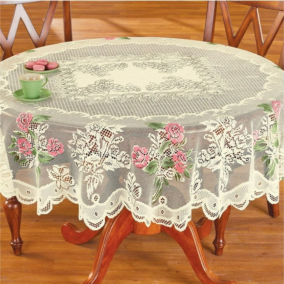 Round White Floral Lace Tablecloth, Elegant Rose Dining Cover, Lightweight Washable Fabric, 54-inch Diameter, for Formal Events, Kitchen Decor, Durable Cotton Blend, Wedding Party Table Akmoler