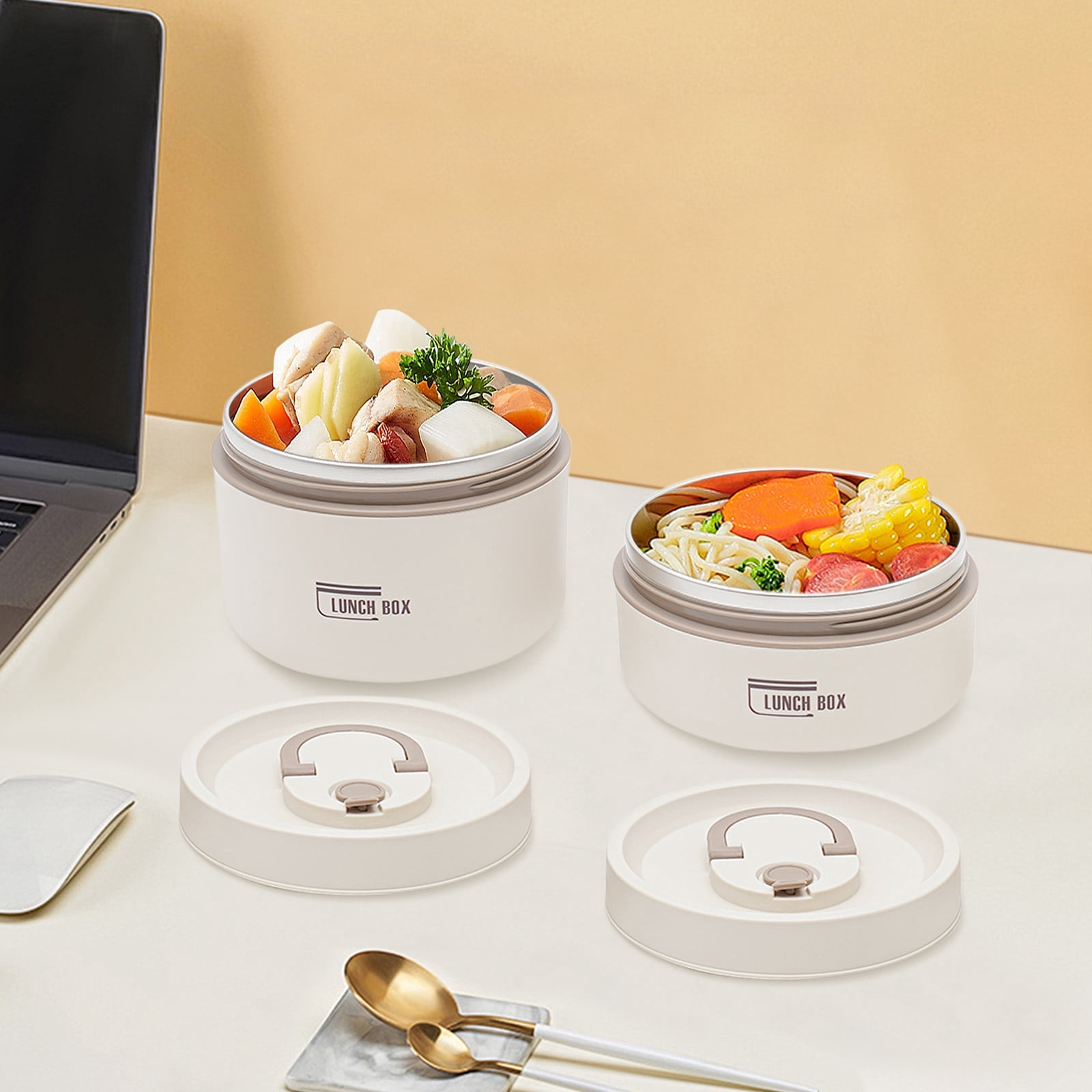 Off-white 304 Stainless Steel PP 13.5x18cm Double Insulation Lunch Box Leak-proof Portable Lunch Box