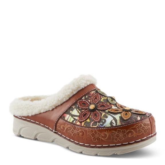 Spring Step L'Artiste Honestela Women’s Embossed Leather Clogs with Tapestry Upper - Sherpa Lined Slip-On for Warmth and Cushioned Wedge Heel Comfort Clog