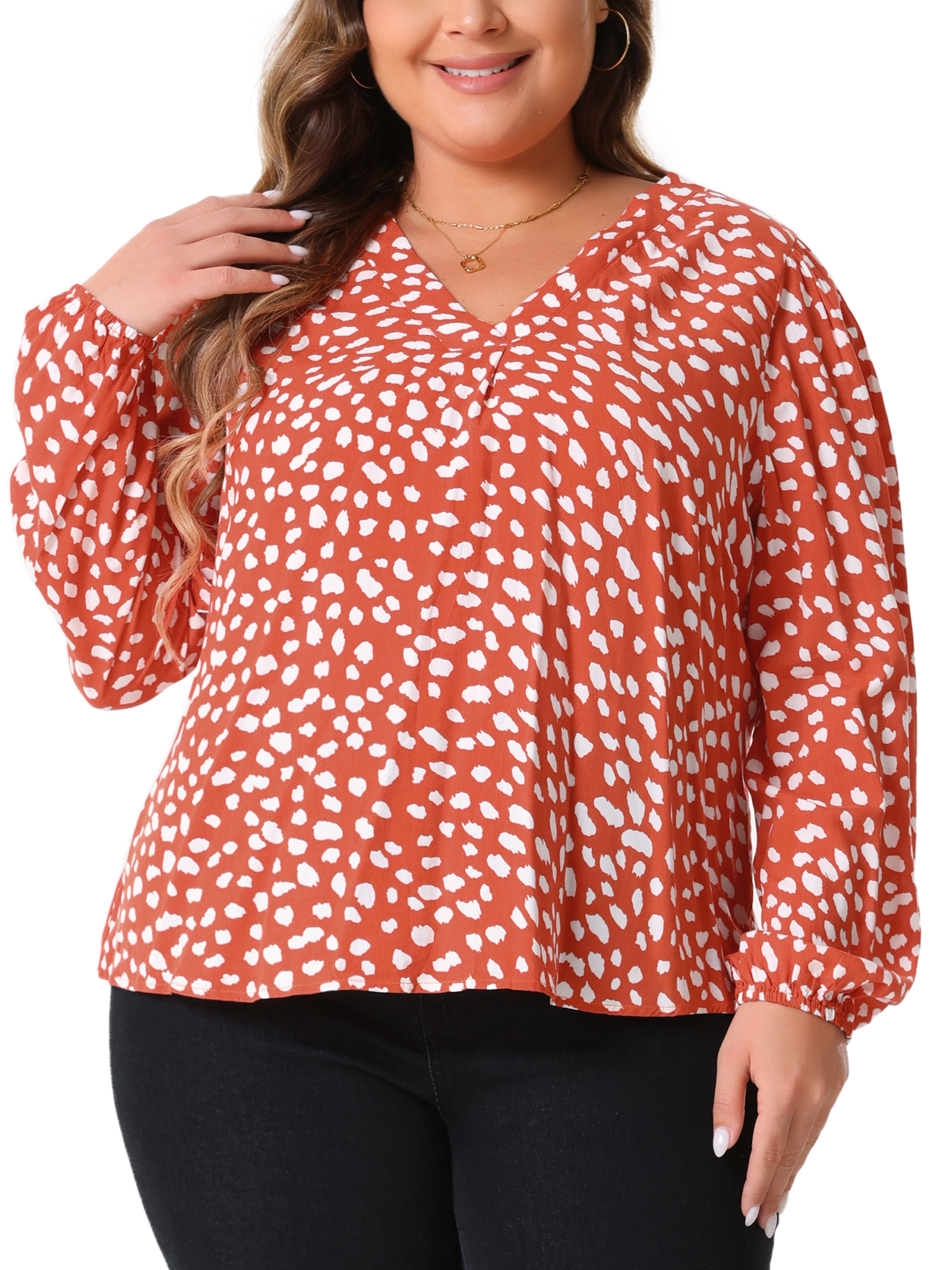 DARING DIVA Women's Plus Polka Dot V Neck Long Sleeve Blouse 4X Orange