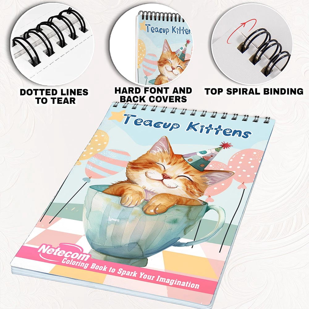 Netecom Teacup Kittens Coloring Book for Adults, Spiral Bound, Soft Cover