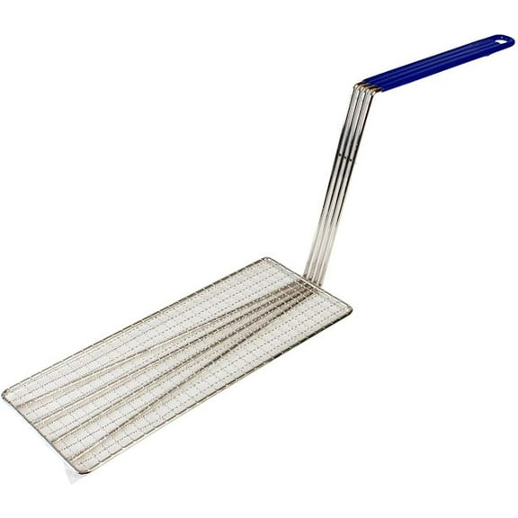 Truecraftware – 14-1/2" x 5-3/4" Rectangular Deep Fry Basket Press Heavy Duty Nickel Plated Iron with Blue Coated Handle - Kitchen Frying Chips Fish Sausages