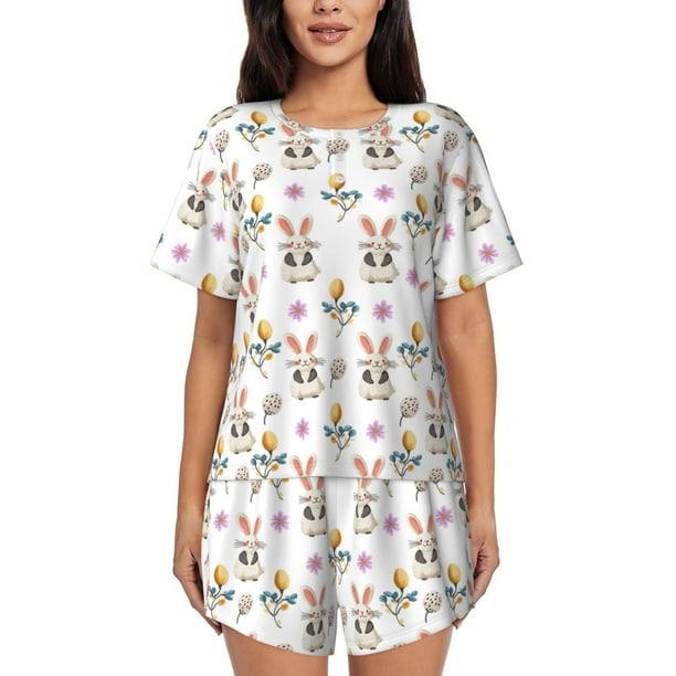 Fotbe easter Conjunto de Pijama Estampado para Mujer, 2 Piezas, Ropa de Dormir con Camiseta de Manga Corta y Shorts Suaves-Small